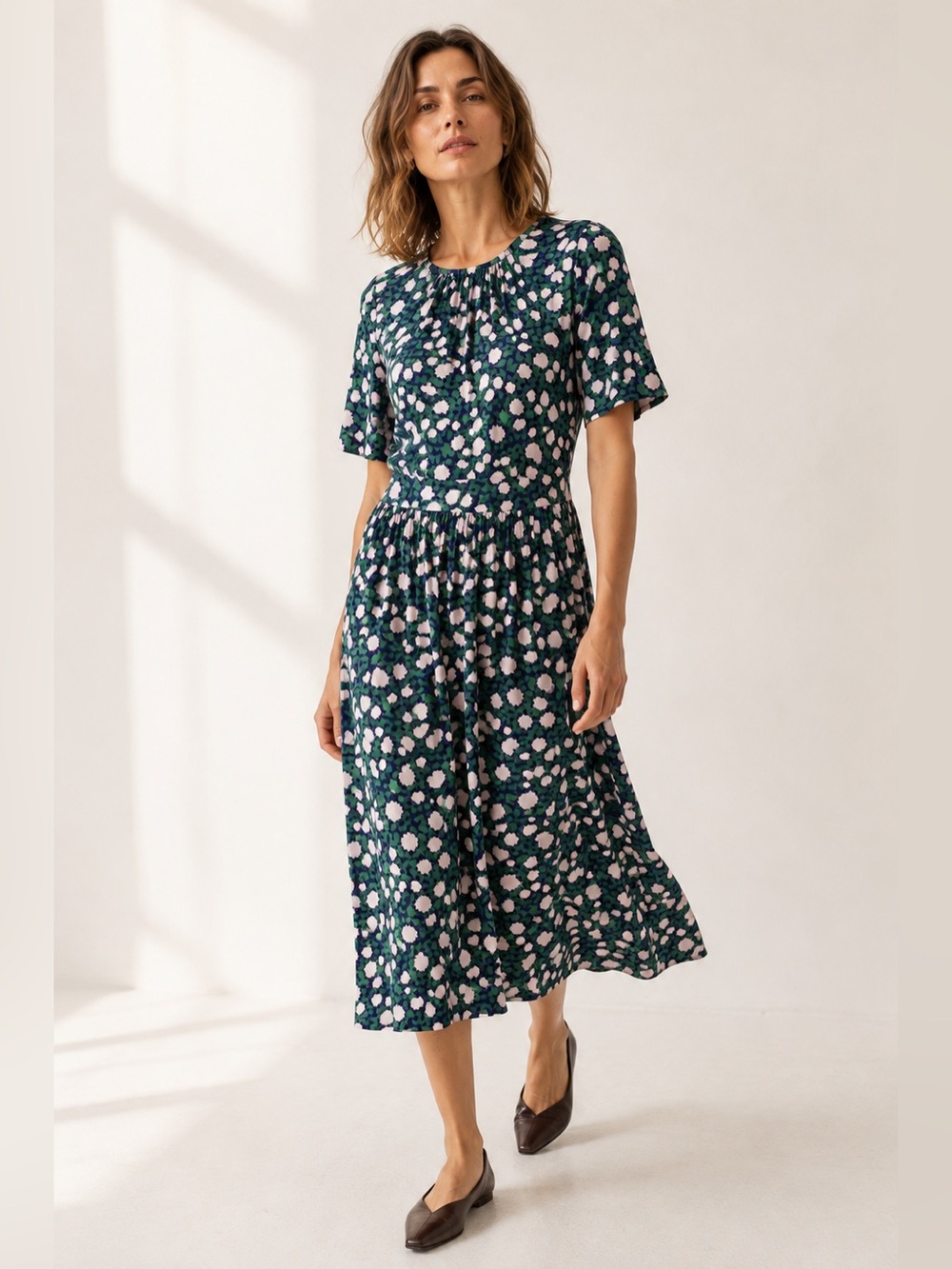 Boden Louisa Midi Dress Floral Jersey Green Navy Pink Size 8R
